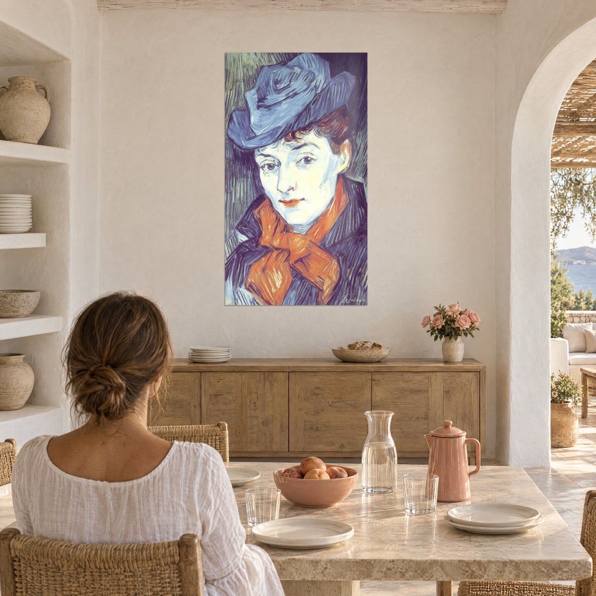 Tableau effigie à la peau ivoire, chapeau bleu froissé et nœud orangé, face à une table de repas en pierre et en bois clair