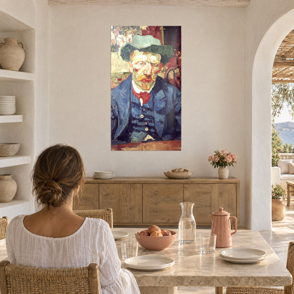 Quadro figura barbuta dai tratti arancio, cappello verde pallido e redingote blu, di fronte a una tavola da pranzo vicino a un arco bianco