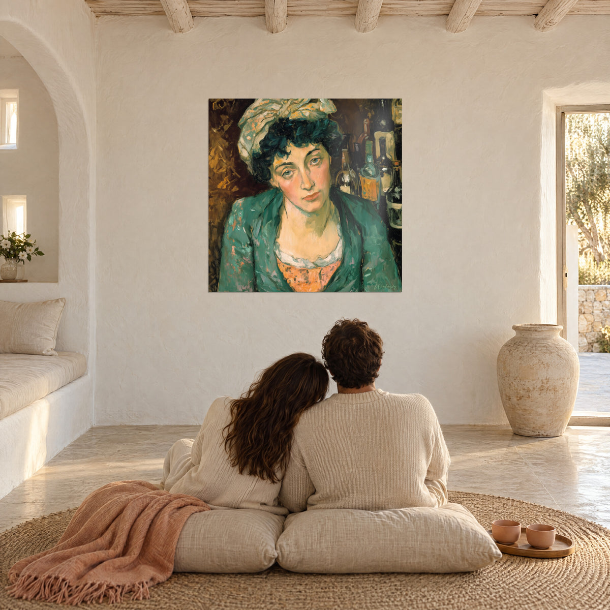 Tableau figure féminine pensive, turban pâle et veste verte, bouteilles vertes et ocre, sur un mur blanc devant un couple de dos