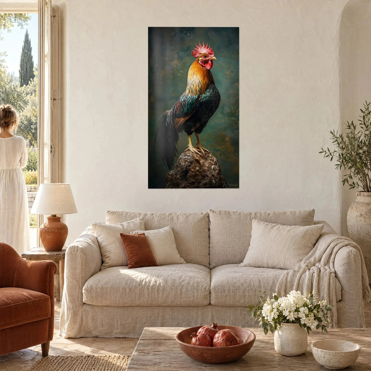 Wall art proud rooster on its rock, orange and dark green plumage, aged background, person seen from behind, above a sofa in a bright living room
