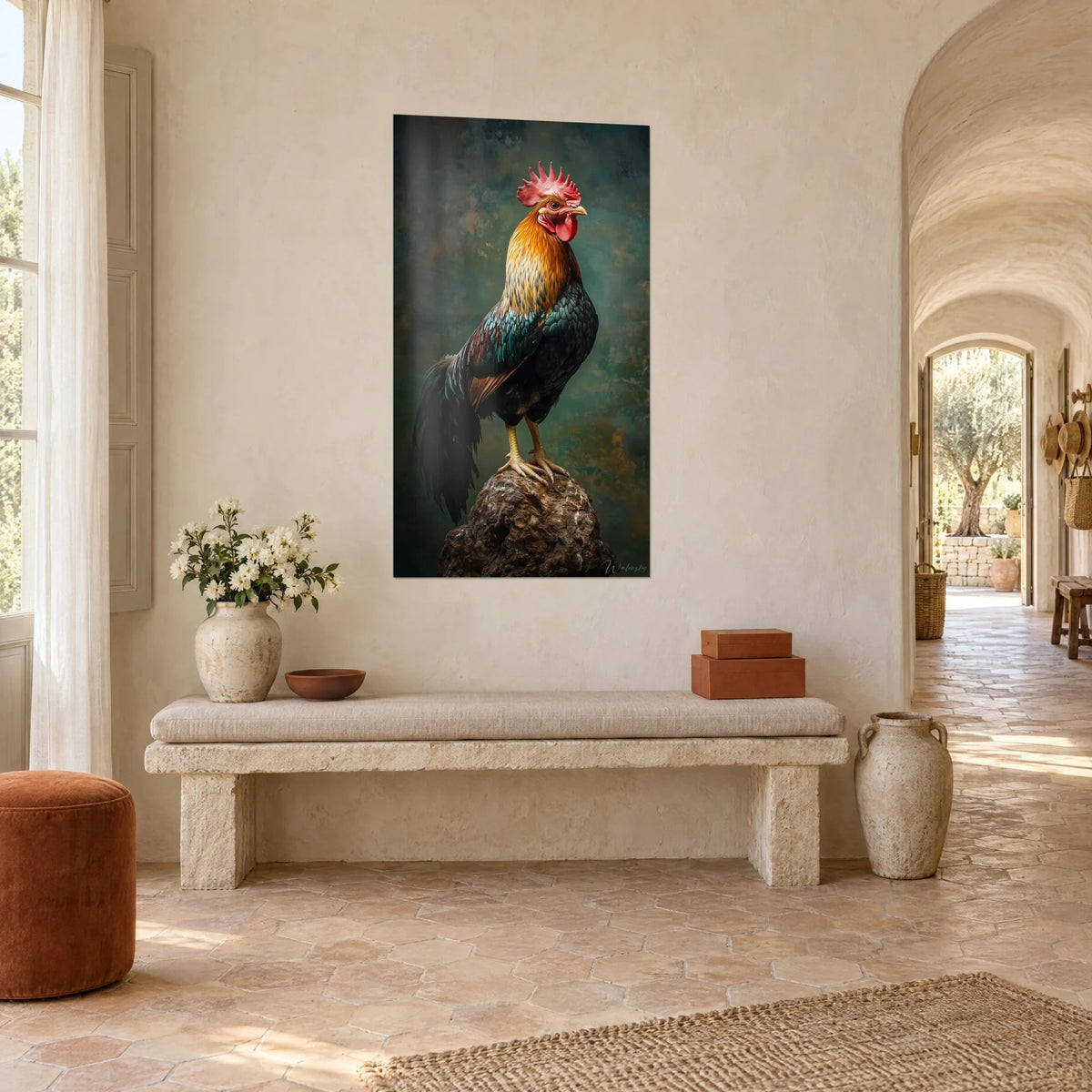 Wall art gallinaceous bird with red comb, amber neck and iridescent blue-green wings, three-quarter view, white wall of a Provençal farmhouse
