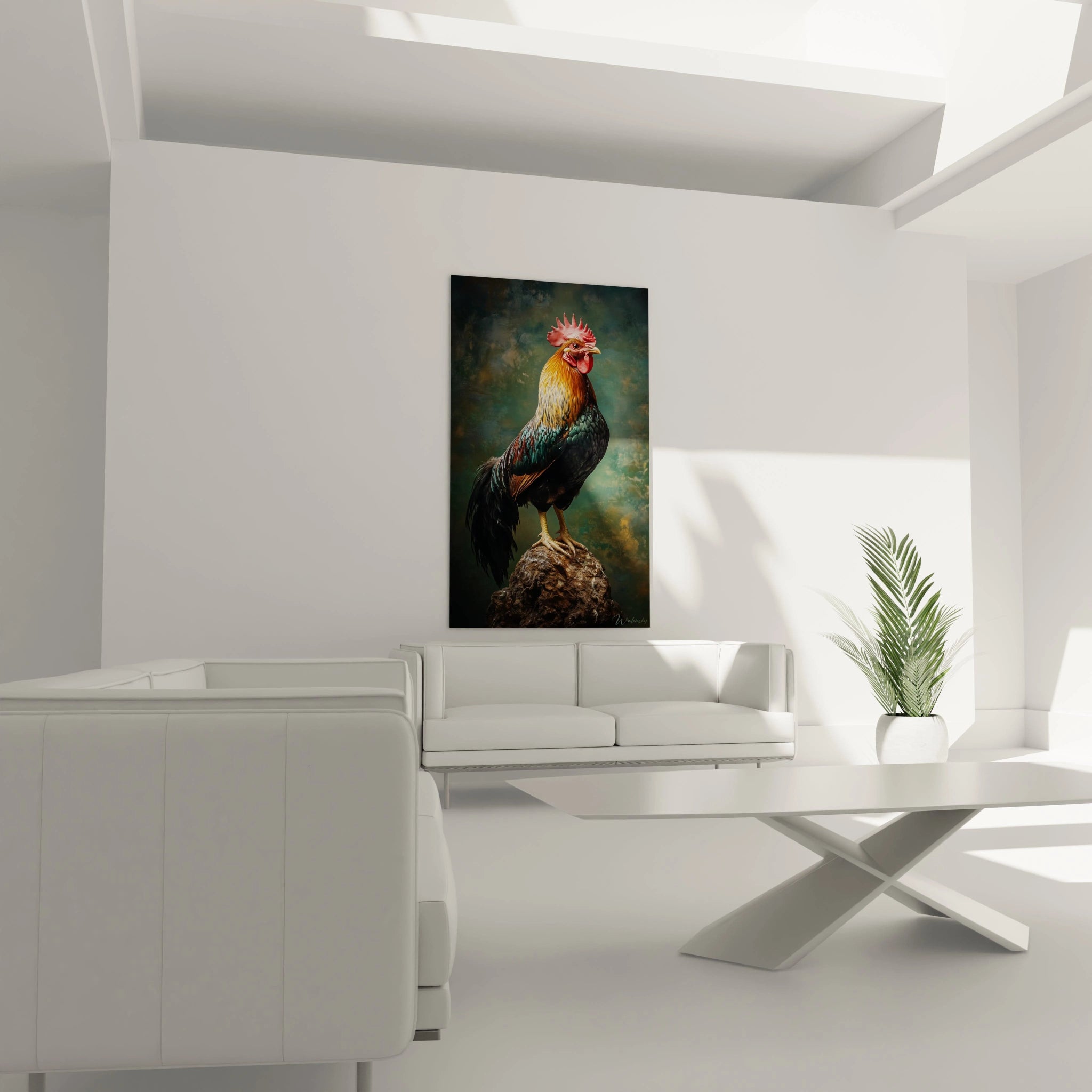 Un tableau coq au réalisme saisissant présentant un volatile fier sur un promontoire rocheux, avec un traitement minutieux des textures du plumage aux teintes or, rouge, vert émeraude et noir, sur fond brumeux verdâtre.
