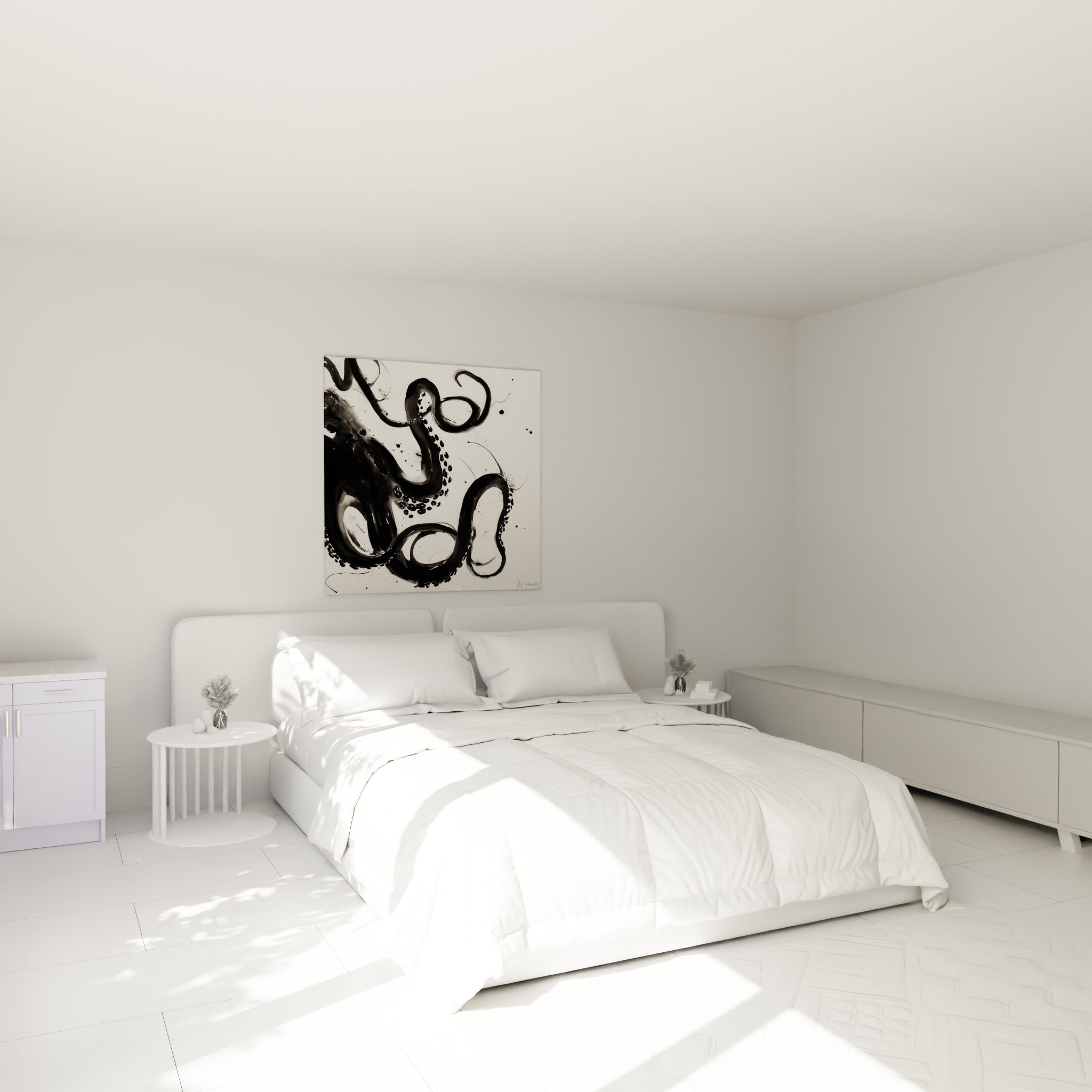 Tentacules noirs sinueux du poulpe sur fond blanc, accrochés au-dessus d'un lit dans une chambre claire
