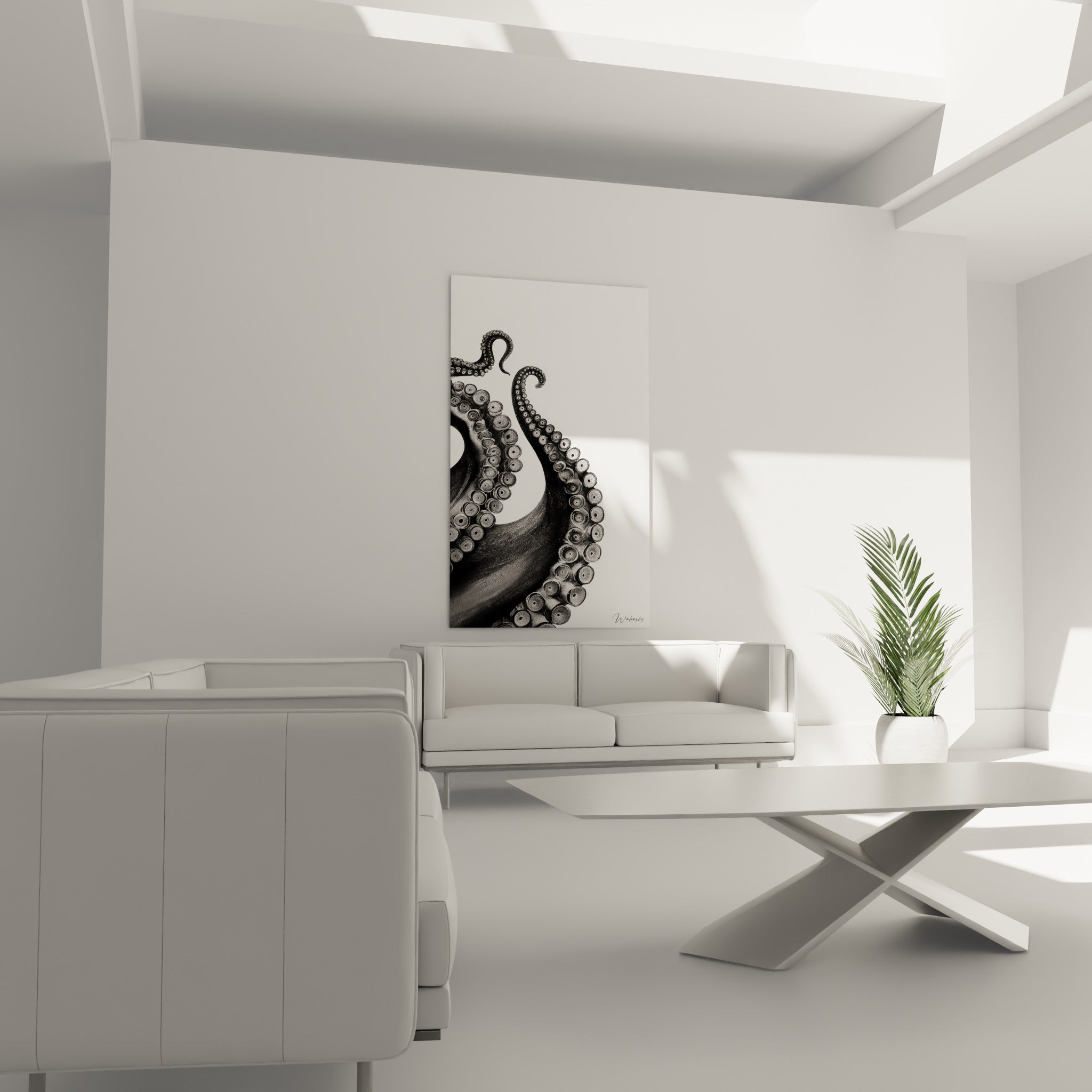 Ventouses circulaires du Poulpe en noir et gris disposées en rangées, au-dessus d'un canapé dans un salon lumineux