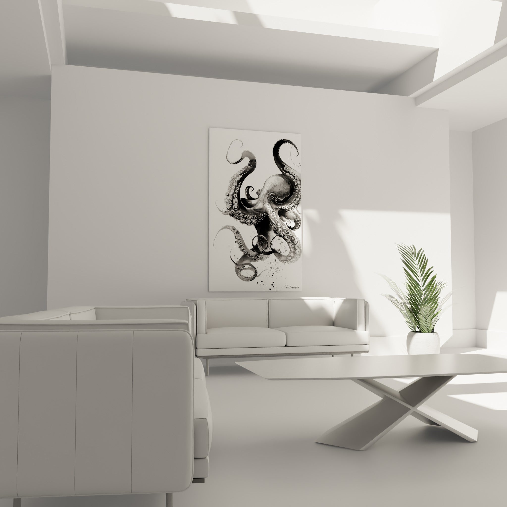 Céphalopode graphique en noir profond et gris argenté, au-dessus d'un canapé dans un salon lumineux