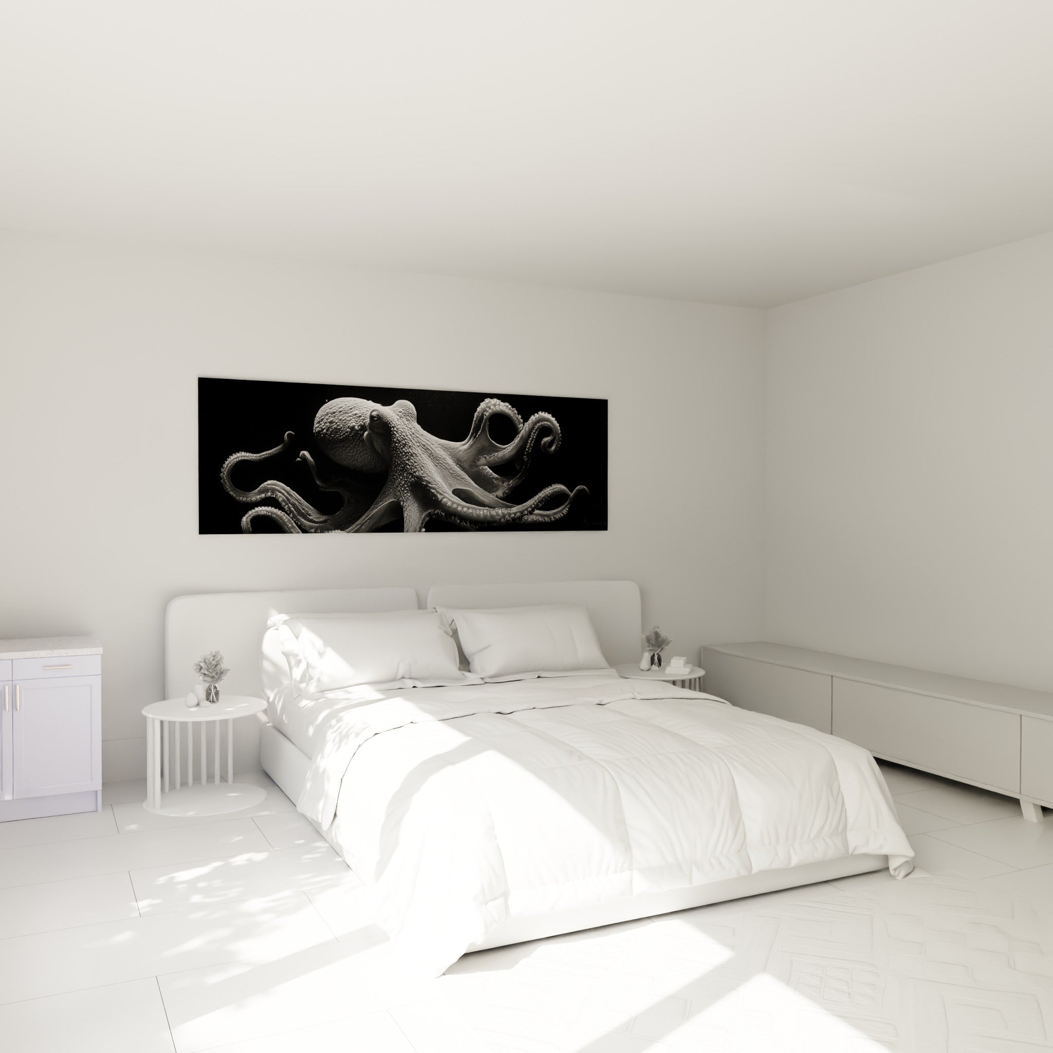 Créature marine aux ventouses blanches et fond anthracite, au-dessus d'un lit dans une chambre claire