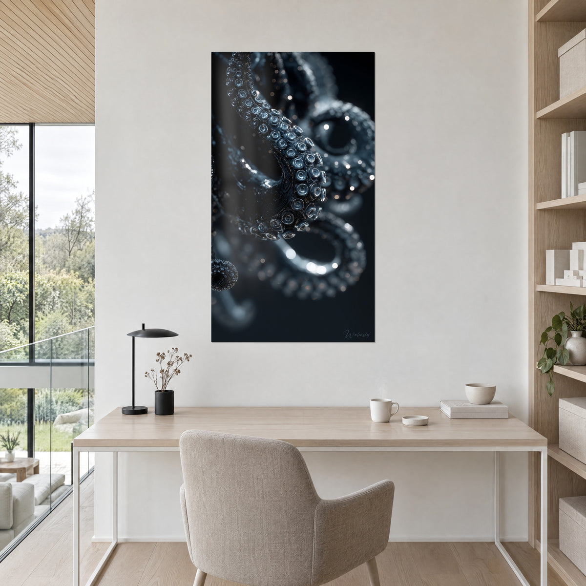 Schilderij octopus met glanzende tentakels, antracietblauw en zilver, opgehangen aan de witte muur van een sober kantoor in licht hout
