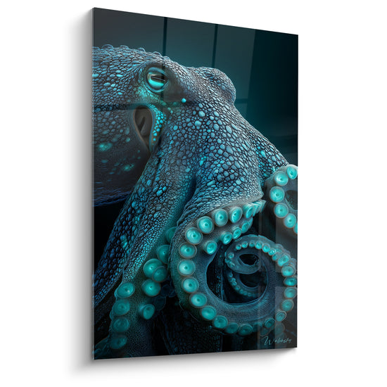 Tableau Poulpe bleu nuit ventouses turquoise enroulées - Vigie des abysses - Edition Poulpe