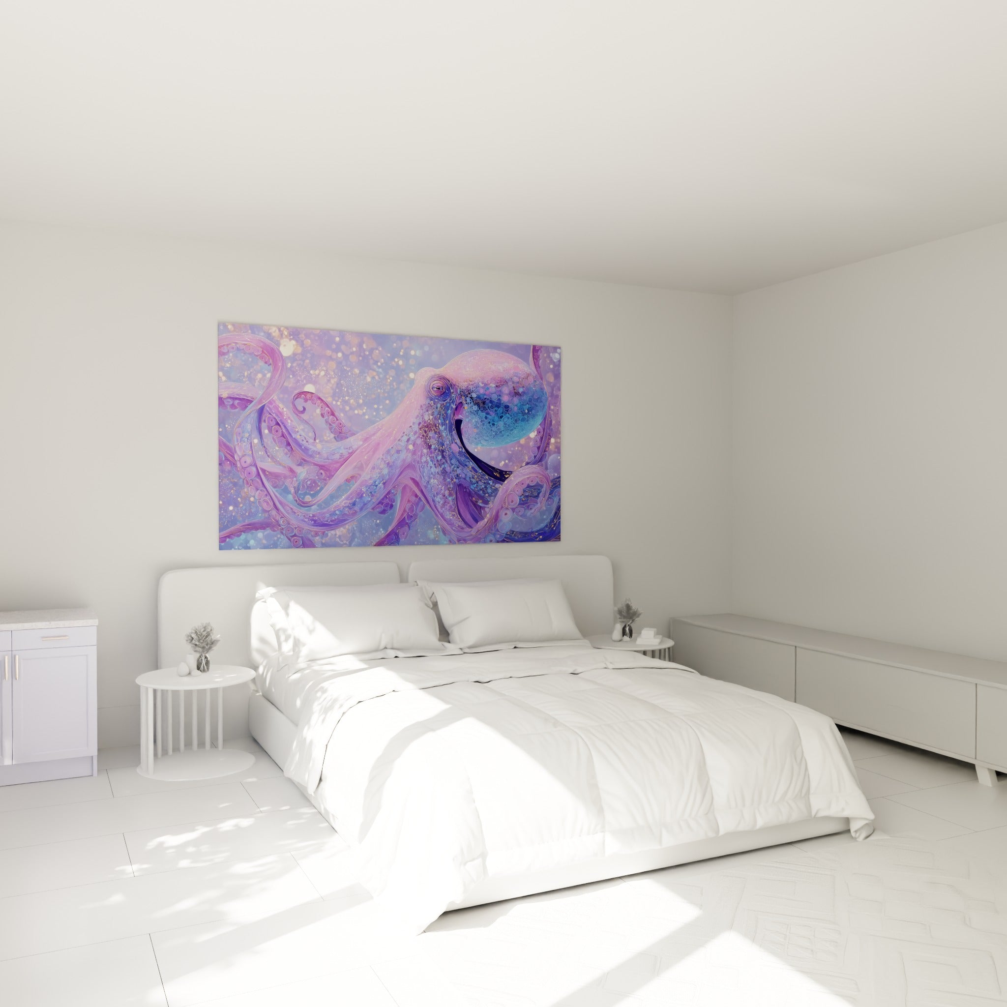 Tentacules violettes et roses du poulpe accrochées au-dessus d'un lit dans une chambre claire