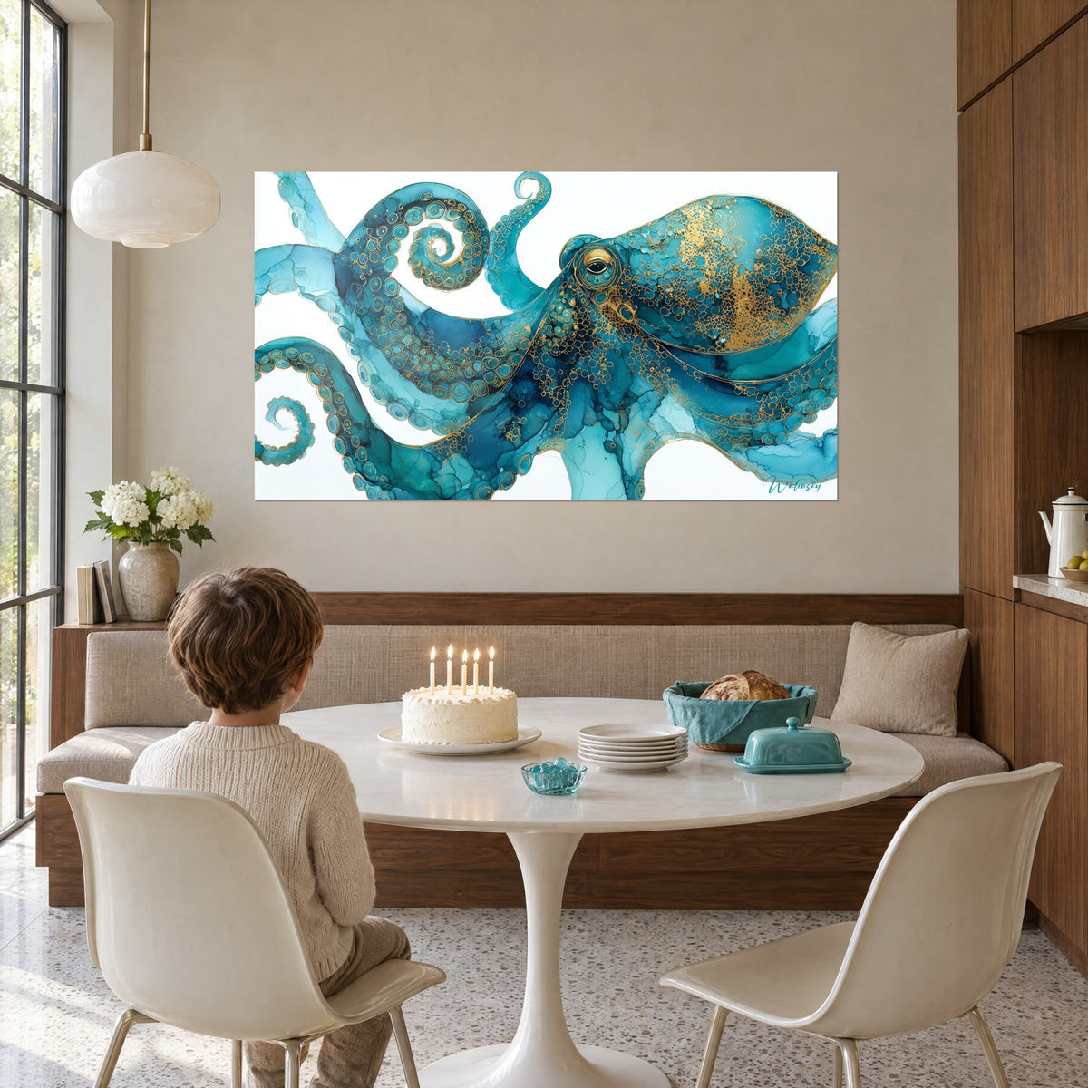 Quadro polpo in inchiostro fluido blu petrolio e oro, mantello punteggiato d'oro, appeso dietro una tavola festiva con candele