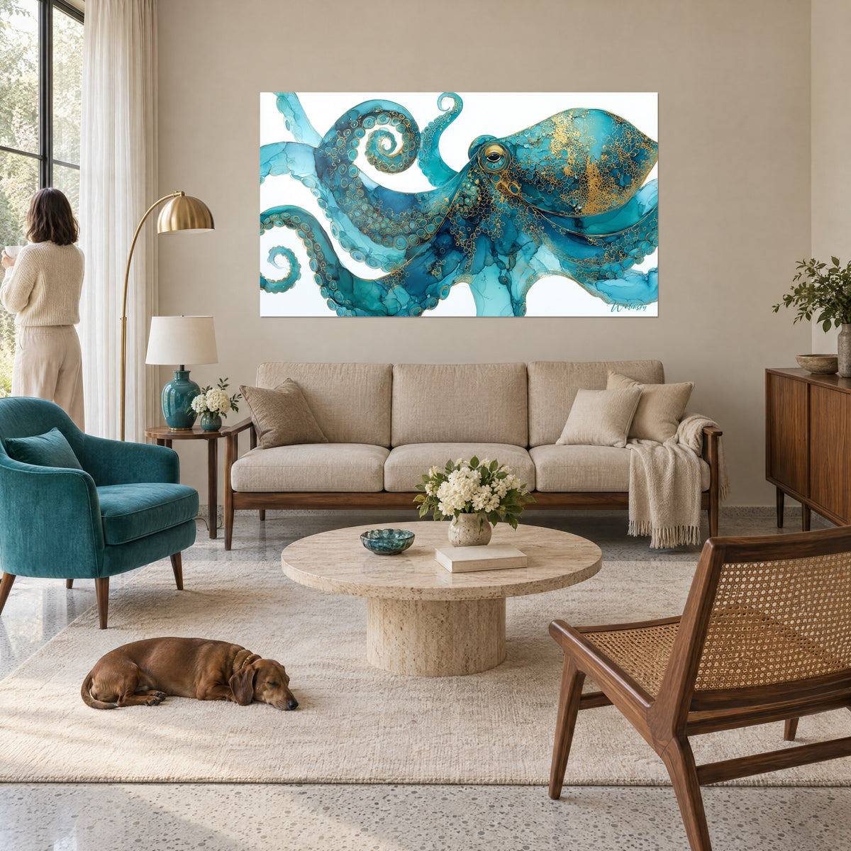 Quadro polpo turchese con ventose dorate, tentacoli a spirale su fondo bianco, appeso sopra un divano in un soggiorno luminoso