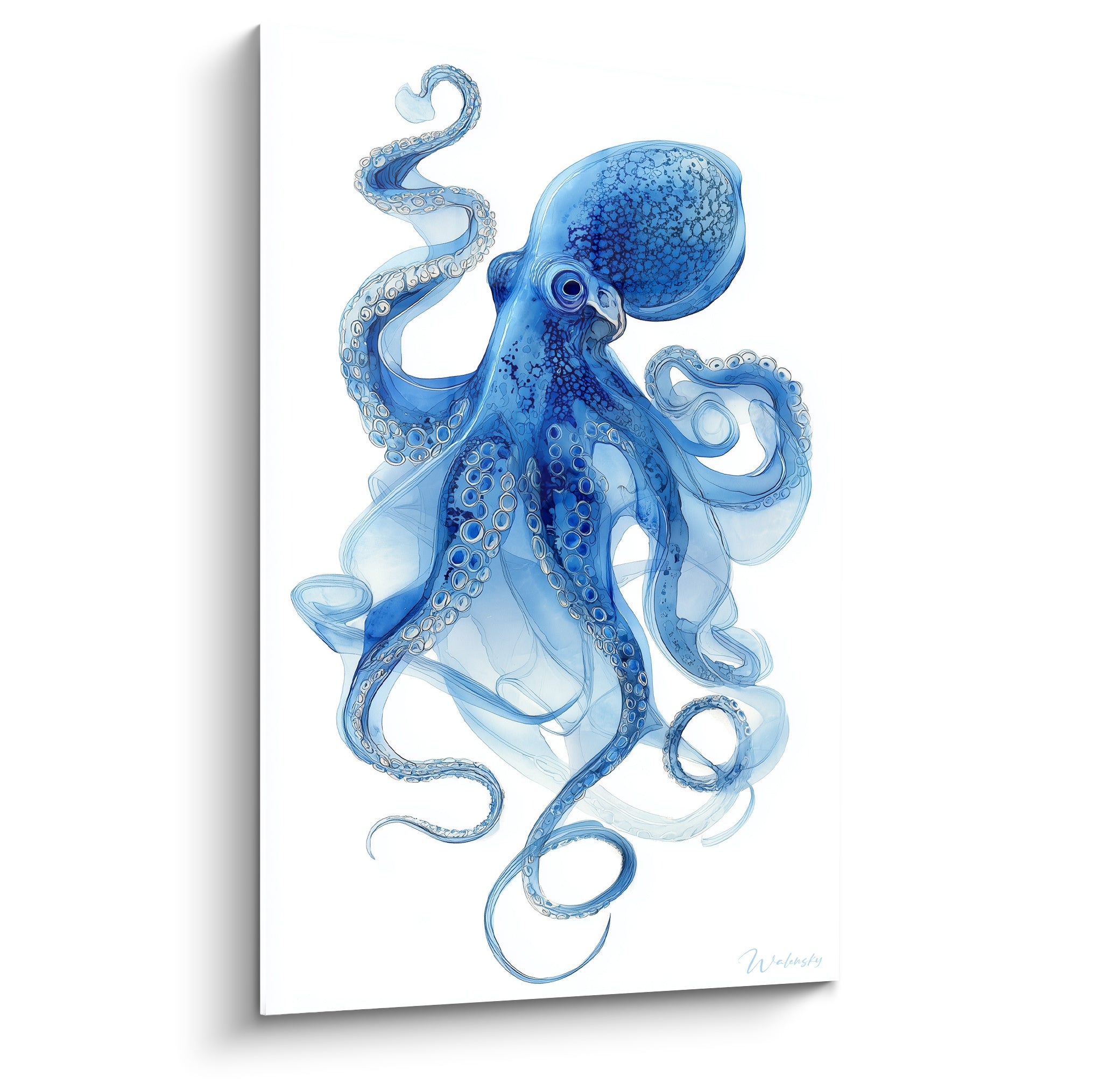 Poulpe bleu marine aux tentacules déployées en aquarelle sur fond blanc immaculé