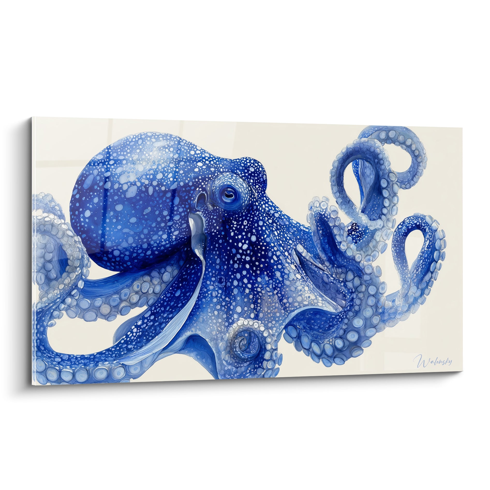 Poulpe bleu marine et ivoire aux tentacules enroulés, ventouses détaillées en aquarelle sur toile