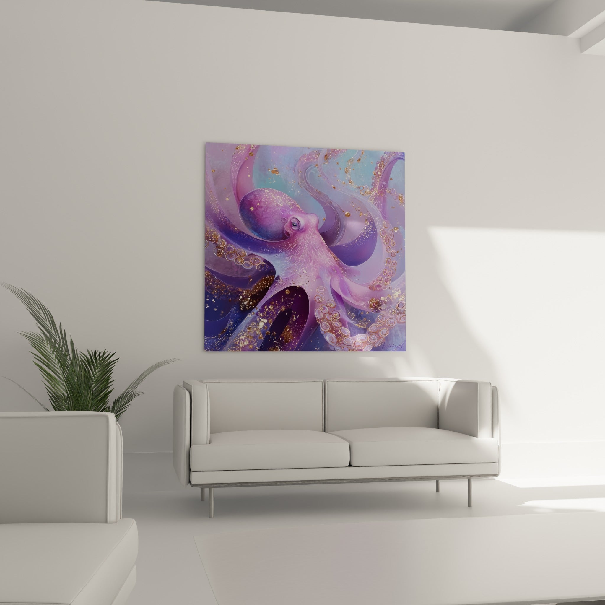 Poulpe mauve et doré aux courbes fluides, éclats scintillants, au-dessus d'un canapé dans un salon lumineux
