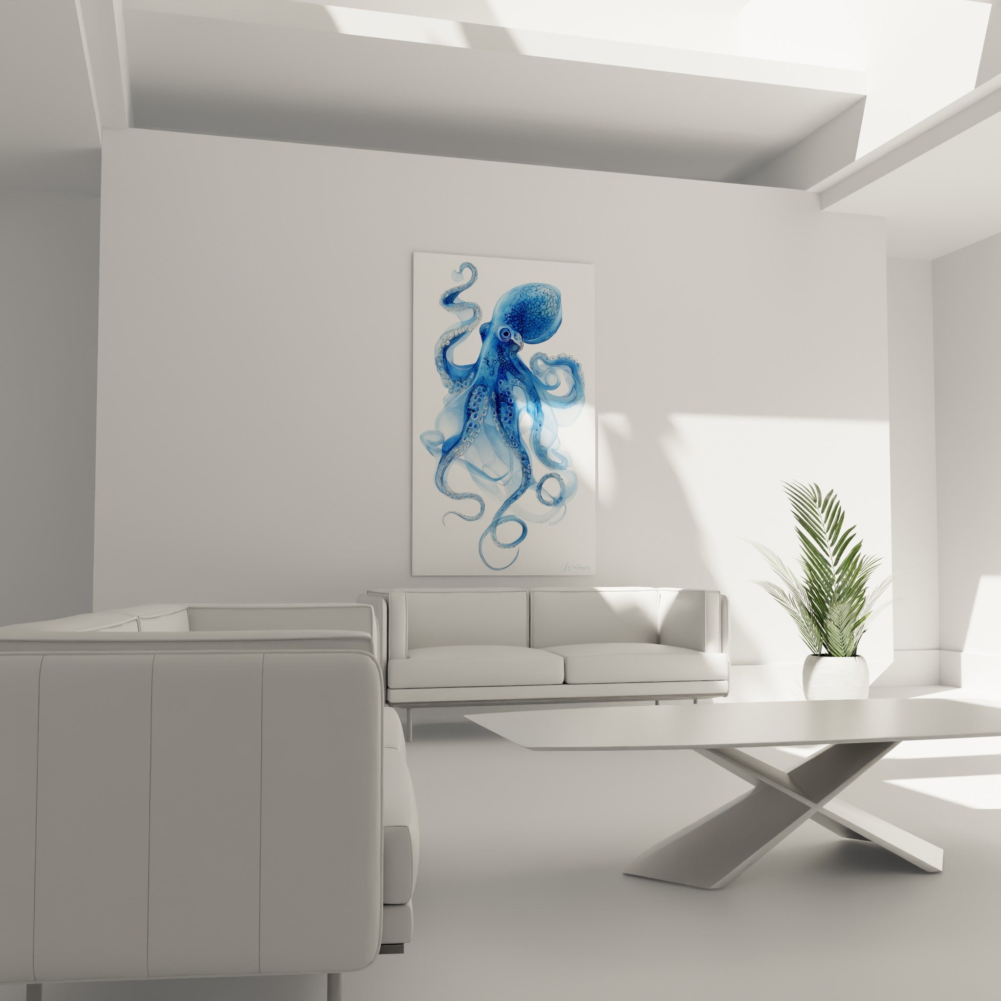 Corps bulbeux du poulpe bleu nuit accroché au-dessus d'un canapé dans un salon lumineux