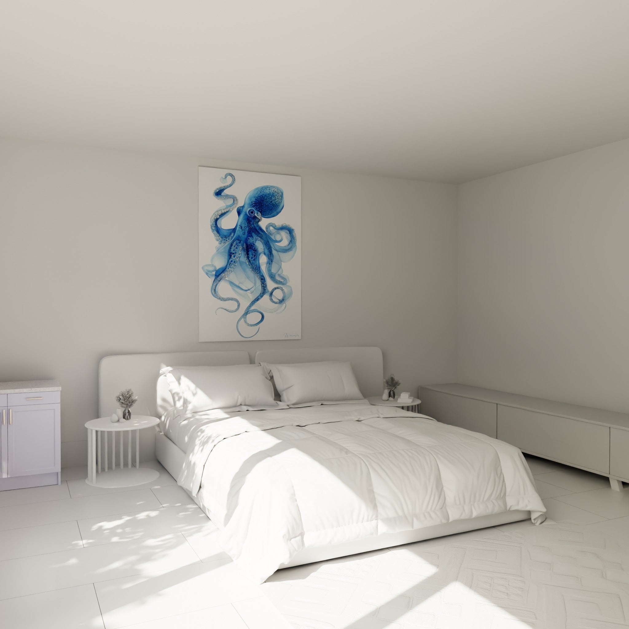 Tentacules bleu pastel du poulpe suspendues au-dessus d'un lit dans une chambre claire