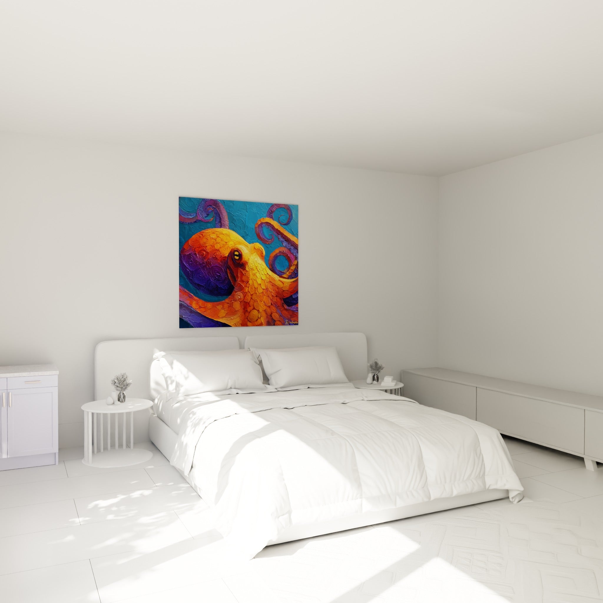 Créature marine orange et bleu lavande aux tentacules enroulées, au-dessus d'un lit dans une chambre claire