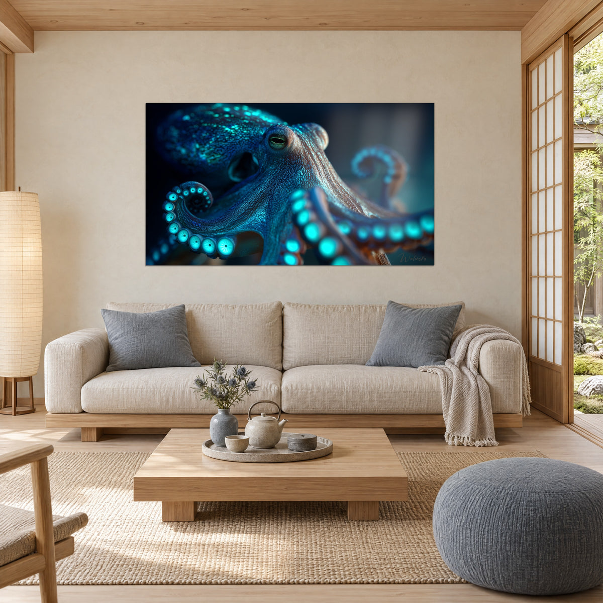 Quadro polpo bruno con ventose turchesi brillanti, occhio verde fessurato, appeso sopra un divano in un soggiorno luminoso