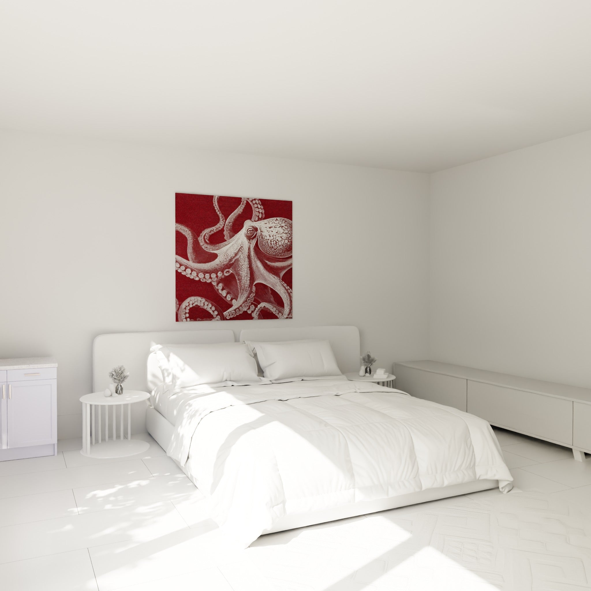Céphalopode blanc et bordeaux aux ventouses détaillées au-dessus d'un lit dans une chambre claire