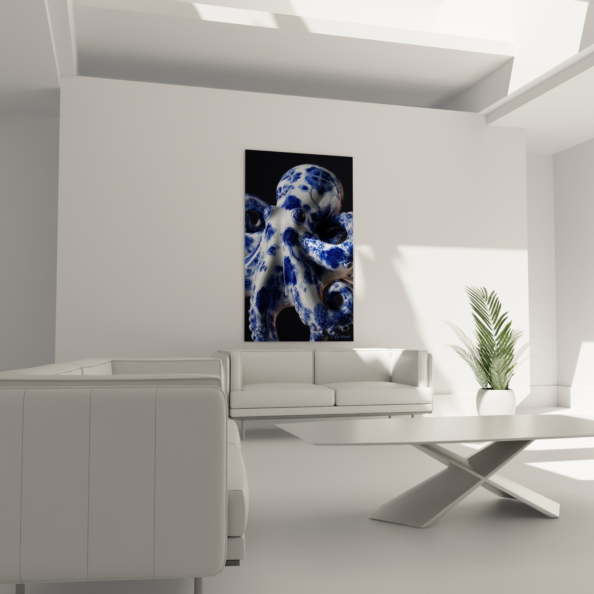 Motifs floraux bleu marine sur ventouses blanches du poulpe, au-dessus d'un canapé dans un salon lumineux