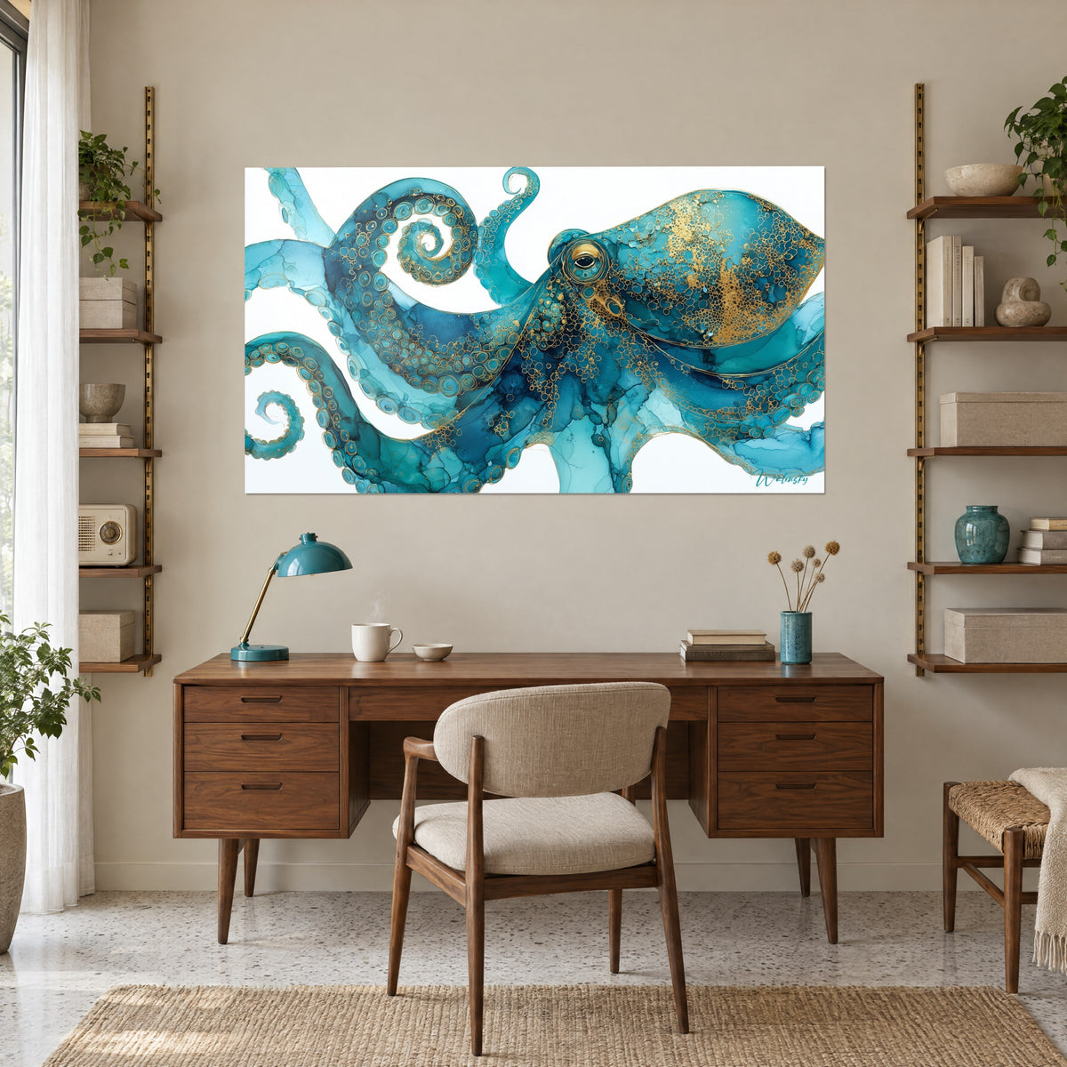 Quadro tentacoli a spirale ciano e oro su fondo bianco, appeso sopra una scrivania in legno e una lampada turchese