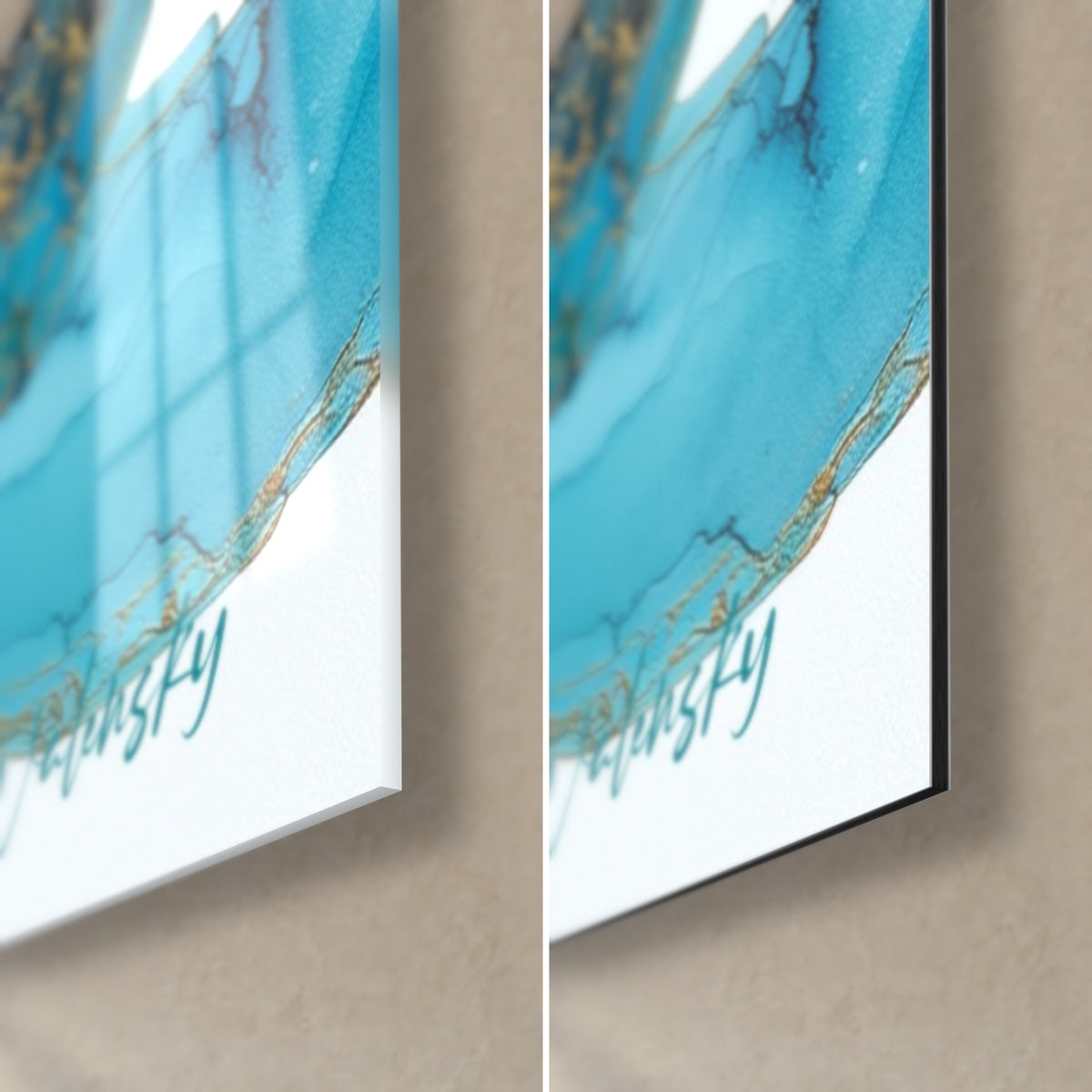 Quadro polpo in acquerello azzurro, angolo in basso a destra: vetro acrilico lucido a sinistra, Dibond nero opaco a destra, bordo da 3 mm