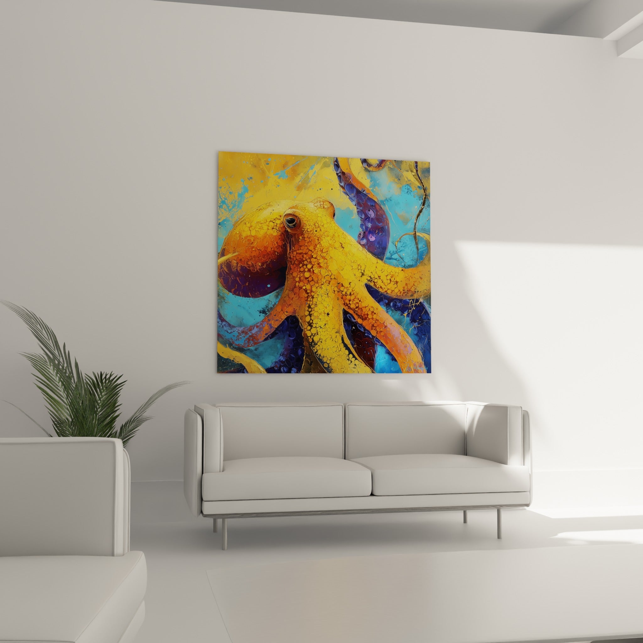 Créature marine dorée et bleu profond disposée au-dessus d'un canapé dans un salon lumineux