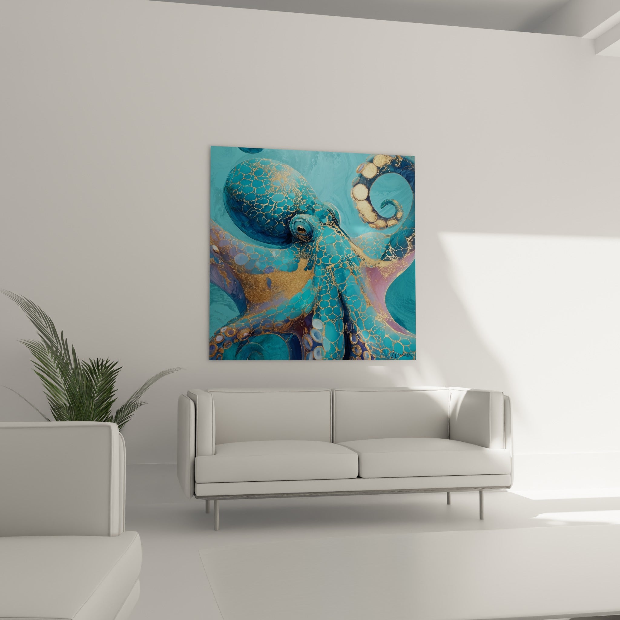 Tentacules dorés et turquoise d'un poulpe stylisé, au-dessus d'un canapé dans un salon lumineux