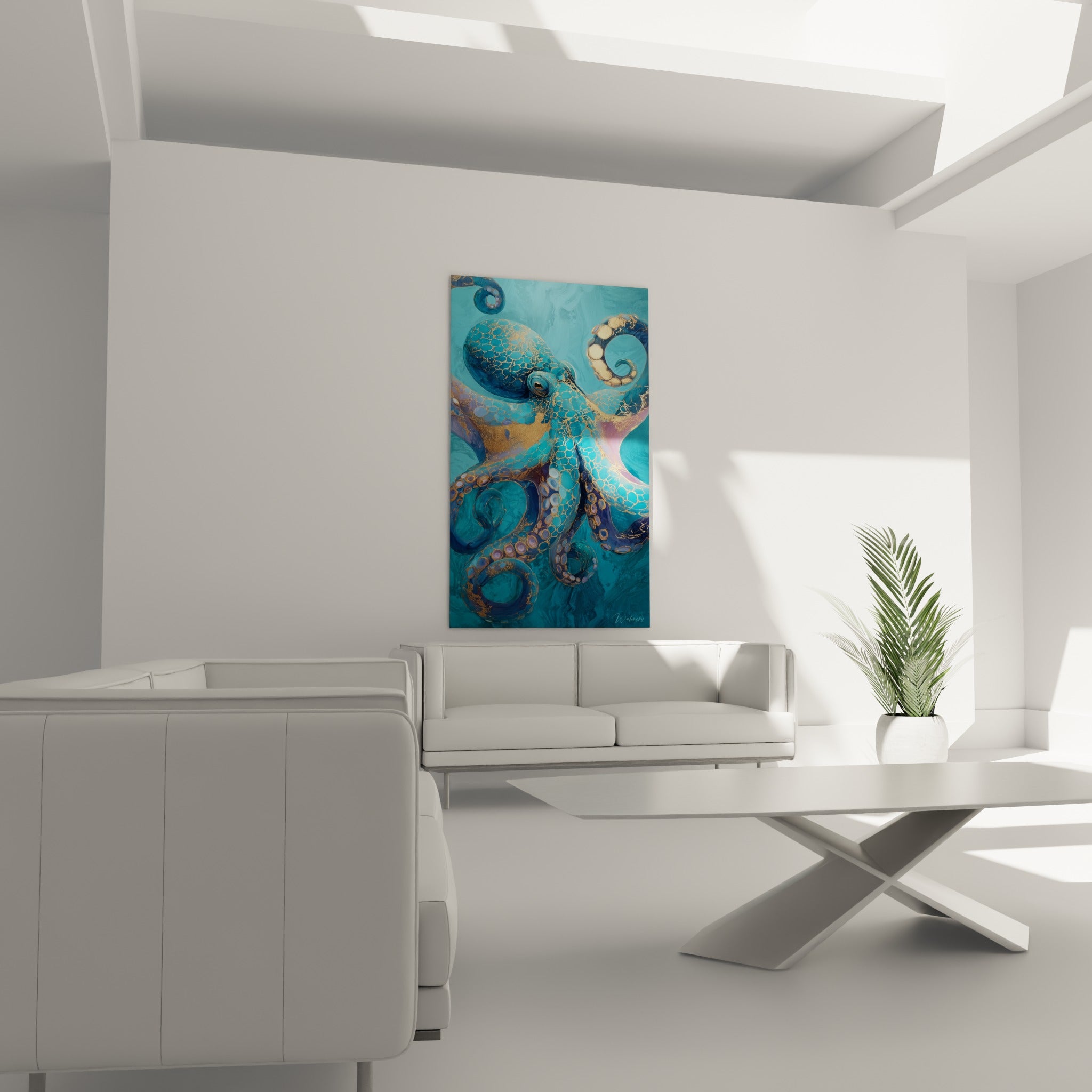 Tentacules enroulés en camaïeu bleu et or, œuvre marine placée au-dessus d'un canapé dans un salon lumineux