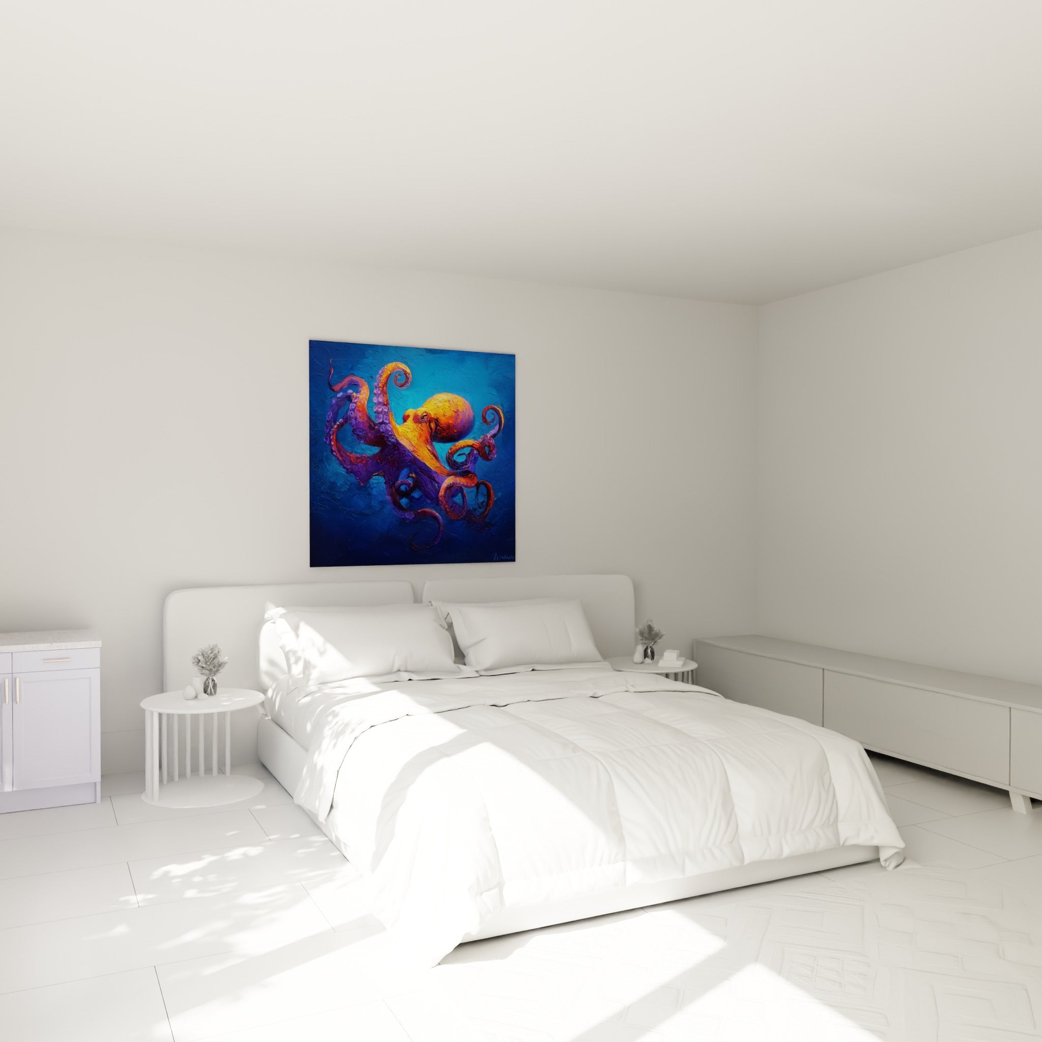 Créature marine orange et violette aux tentacules spiralés au-dessus d'un lit dans une chambre claire