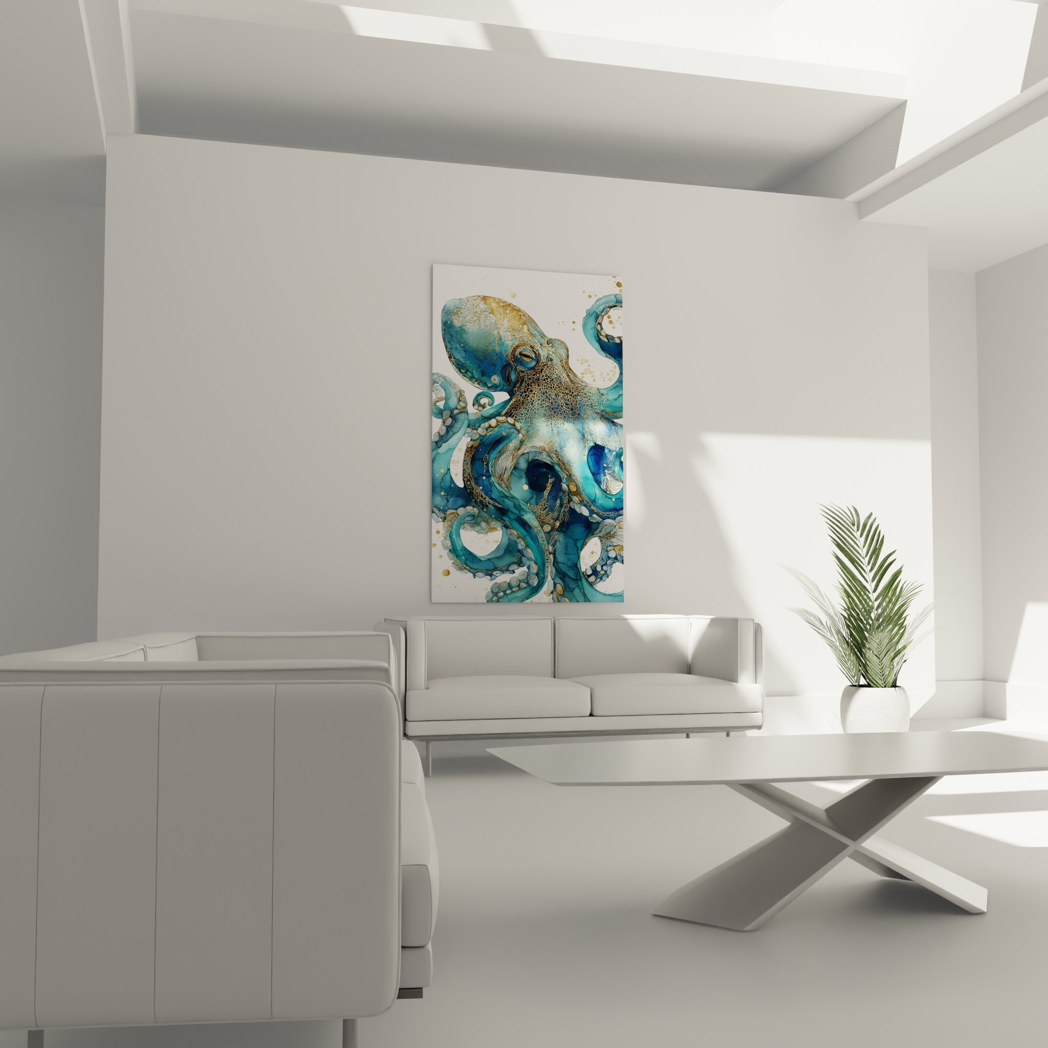 Tentacules turquoise et dorés du poulpe accrochés au-dessus d'un canapé dans un salon lumineux
