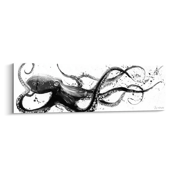 Tableau Poulpe noir et blanc aux éclaboussures d'encre - Fond immaculé étiré - Edition Poulpe