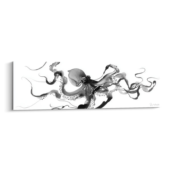 Tableau Poulpe noir et gris aux tentacules filiformes étirées - Encre sur fond blanc - Edition Poulpe