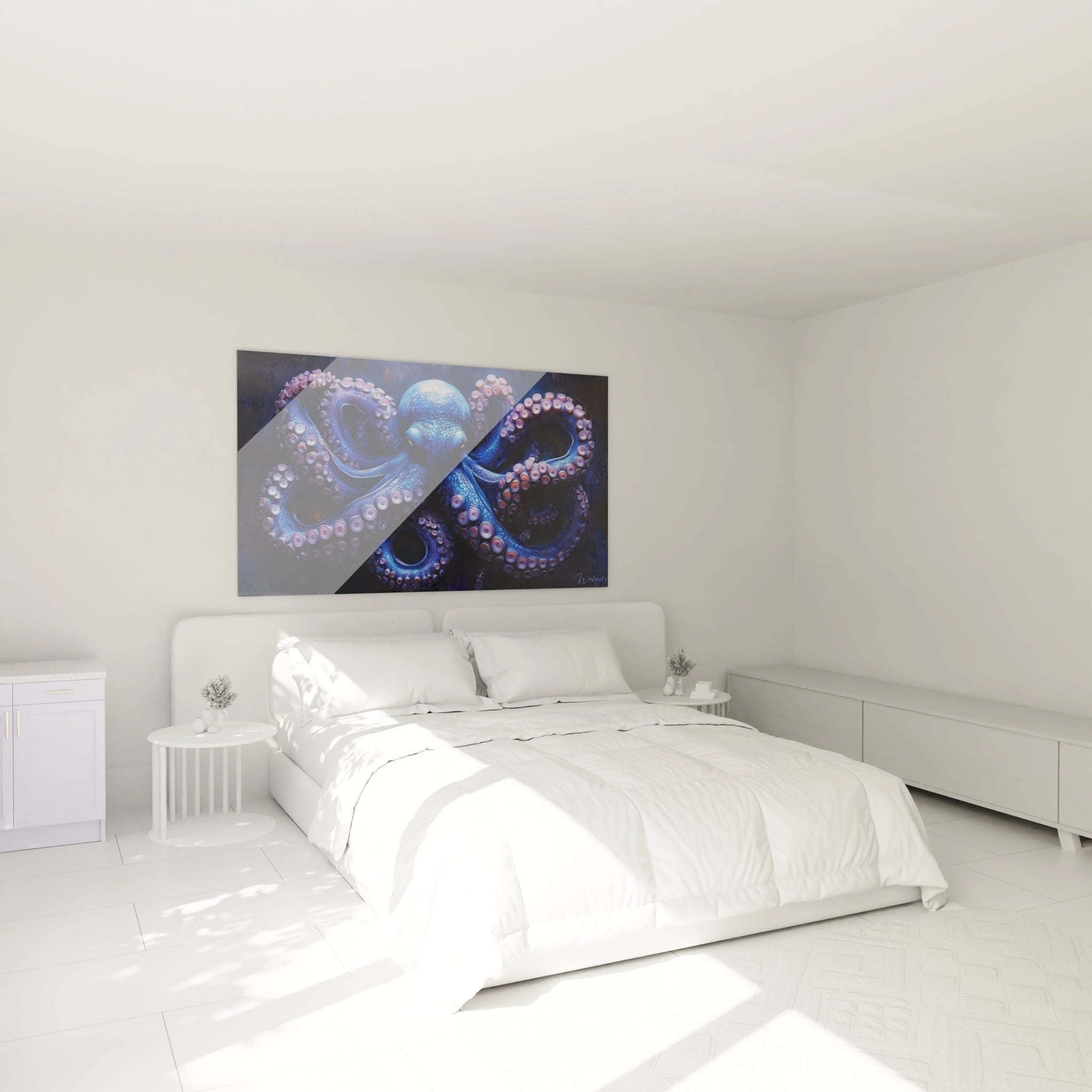 Tableau poulpe coloré Walensky suspendu au-dessus d'un lit blanc dans une chambre minimaliste