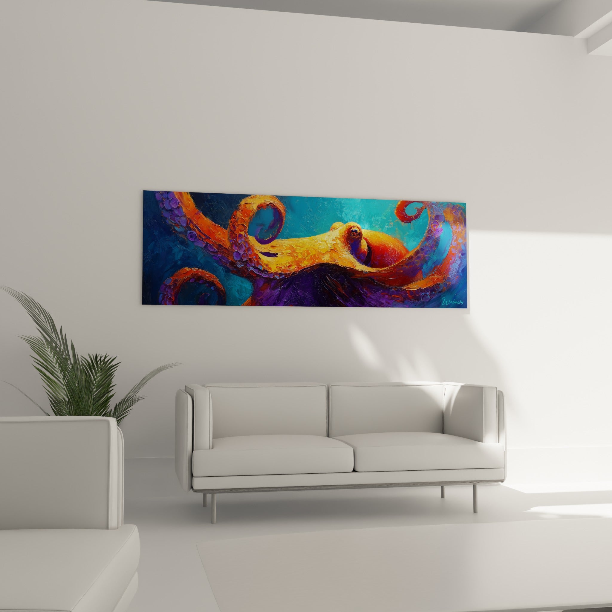 Tentacules orange et violets du poulpe en spirale sur fond turquoise, au-dessus d'un canapé dans un salon lumineux