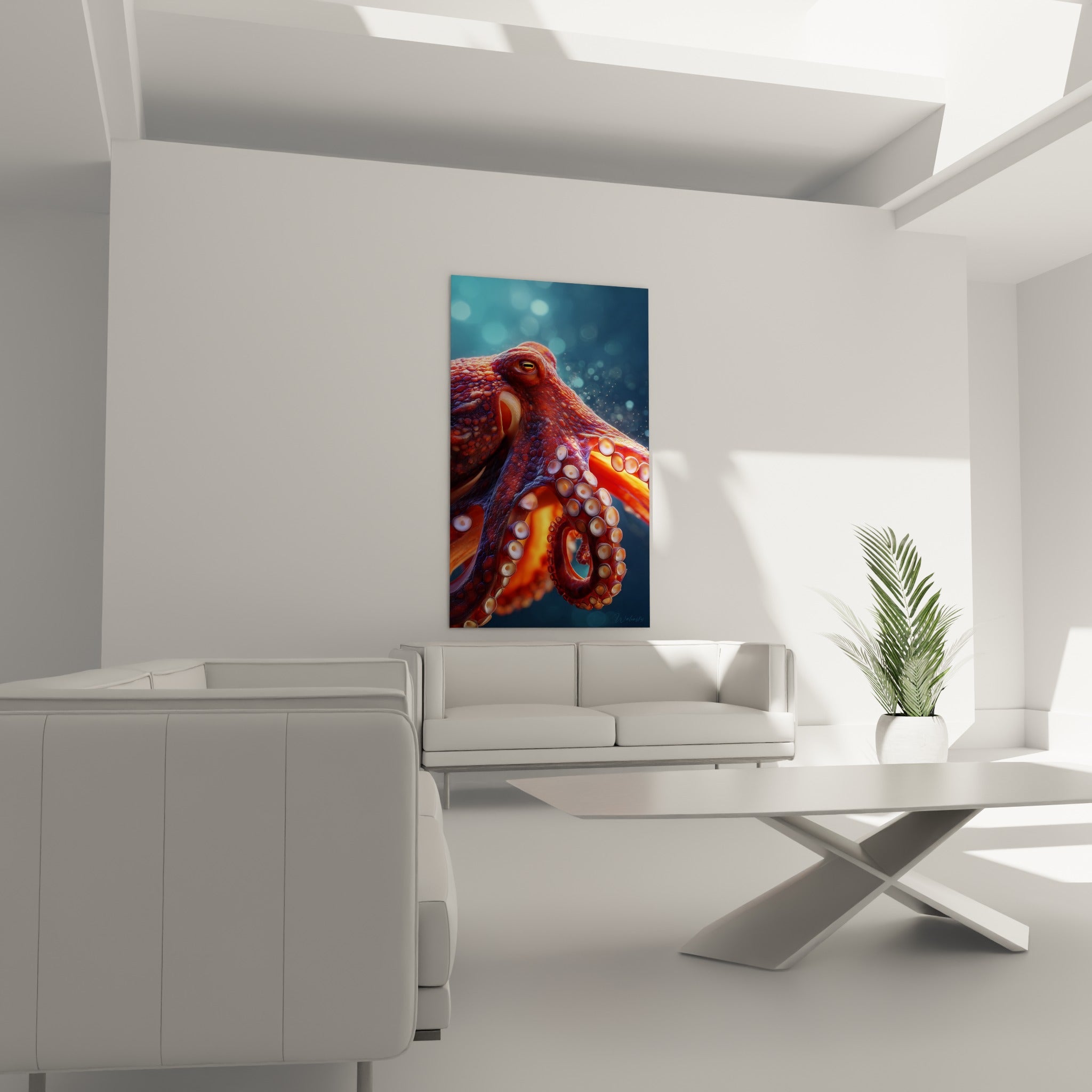 Créature marine pourpre et orangée aux ventouses détaillées, au-dessus d'un canapé dans un salon lumineux