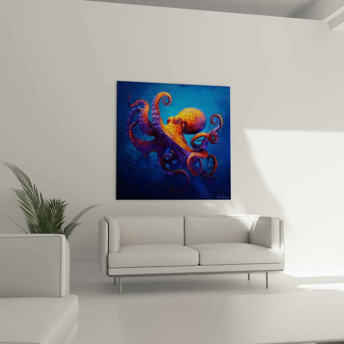 Poulpe fauve et bleu profond, tentacules enroulés, accroché au-dessus d'un canapé dans un salon lumineux