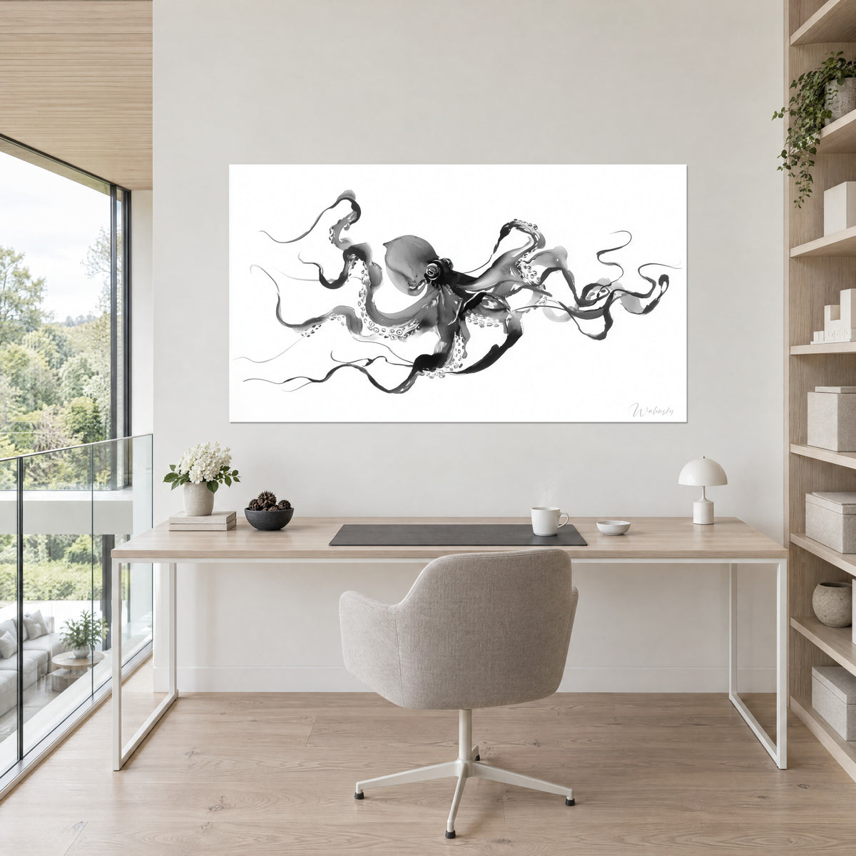 Cuadro pulpo en trazos de tinta afilados, matices de gris plata y negro profundo sobre blanco, despacho luminoso con silla beige y plantas