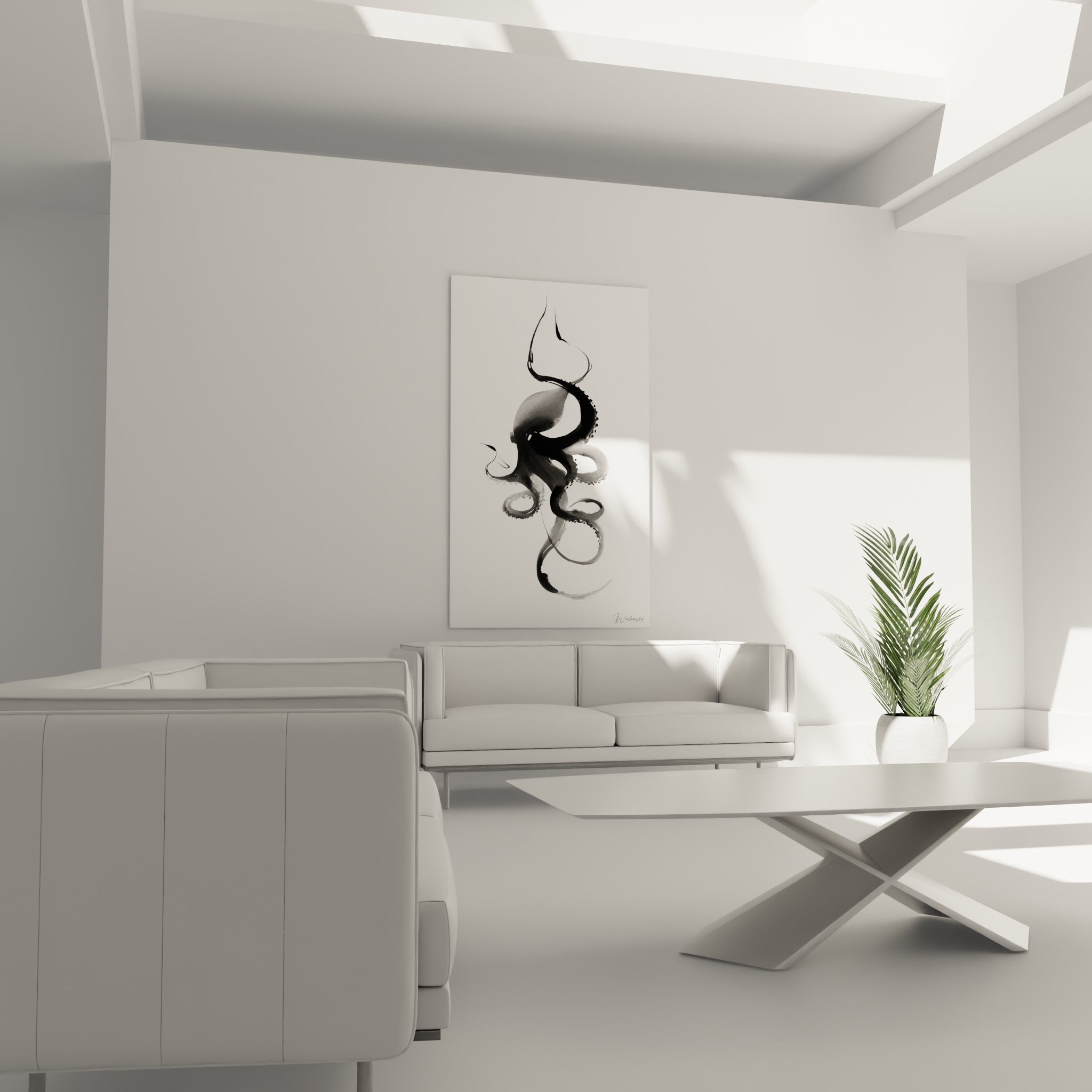 Céphalopode encre noire et blanc aux courbes sinueuses installé au-dessus d'un canapé dans un salon lumineux