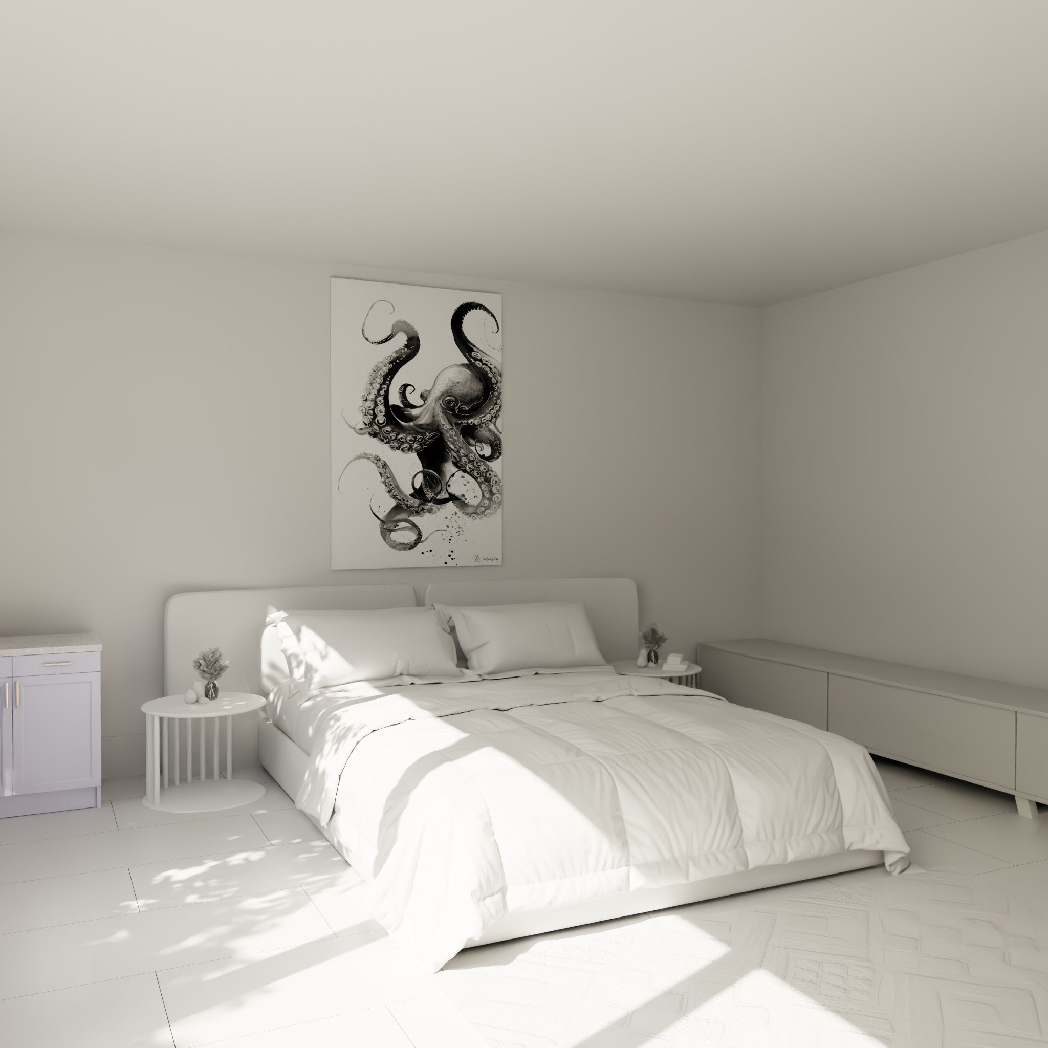 Tentacules noirs déployés du poulpe, camaïeu de gris, au-dessus d'un lit dans une chambre claire