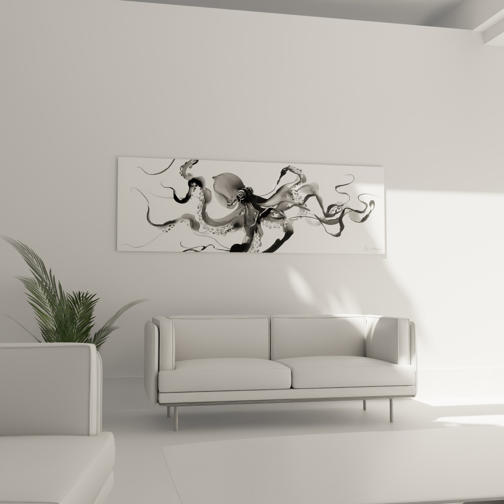 Poulpe graphique aux nuances anthracite et grises, suspendu au-dessus d'un canapé dans un salon lumineux
