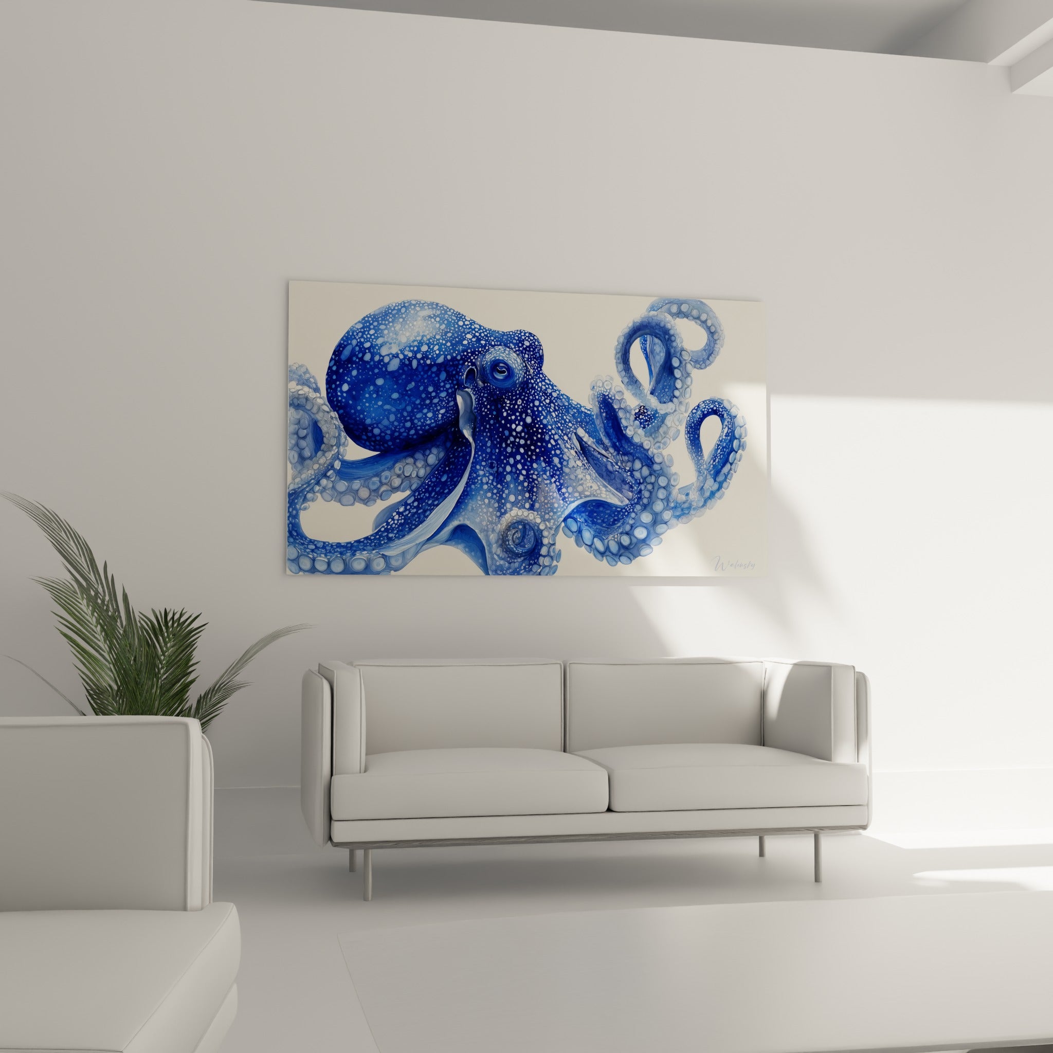 Céphalopode bleu profond et crème aux ventouses rondes, accroché au-dessus d'un canapé dans un salon lumineux