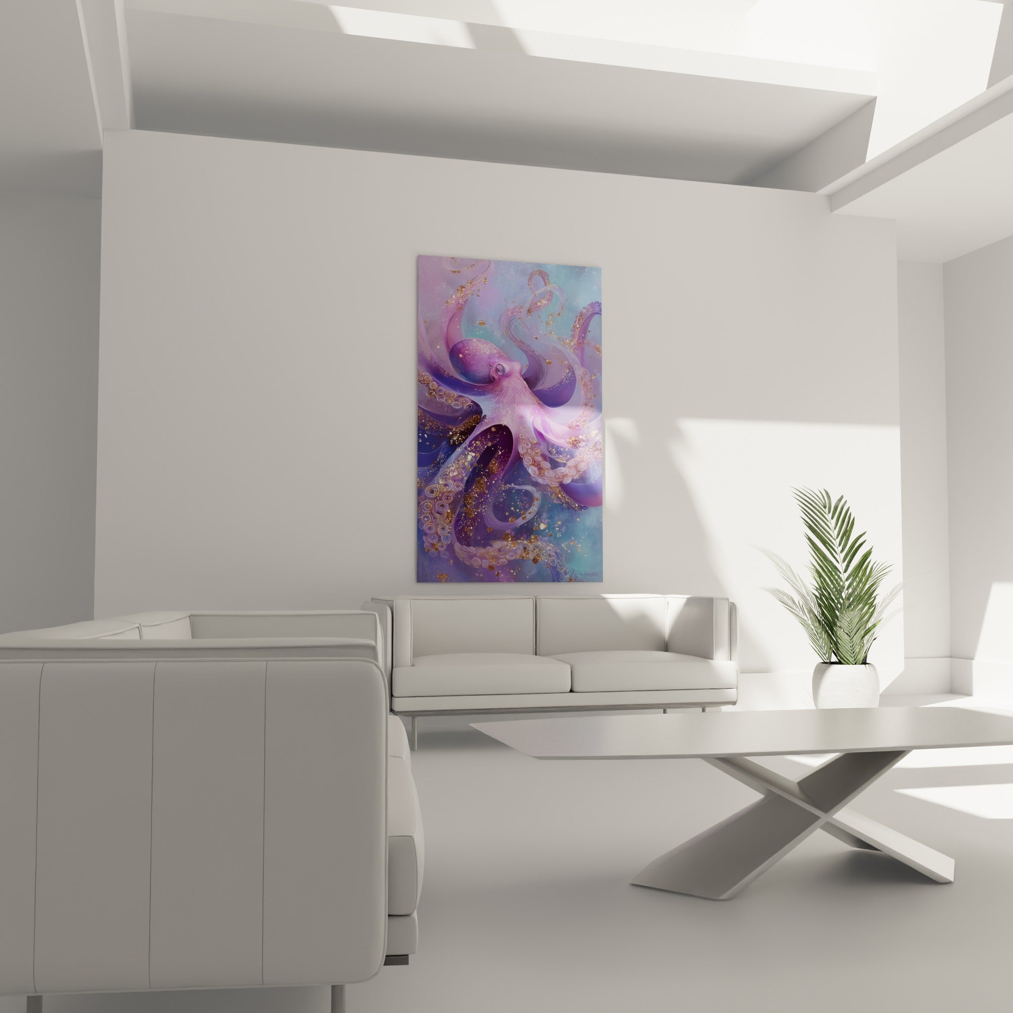 Poulpe pastel violet et bleu scintillant d'or, accroché au-dessus d'un canapé dans un salon lumineux