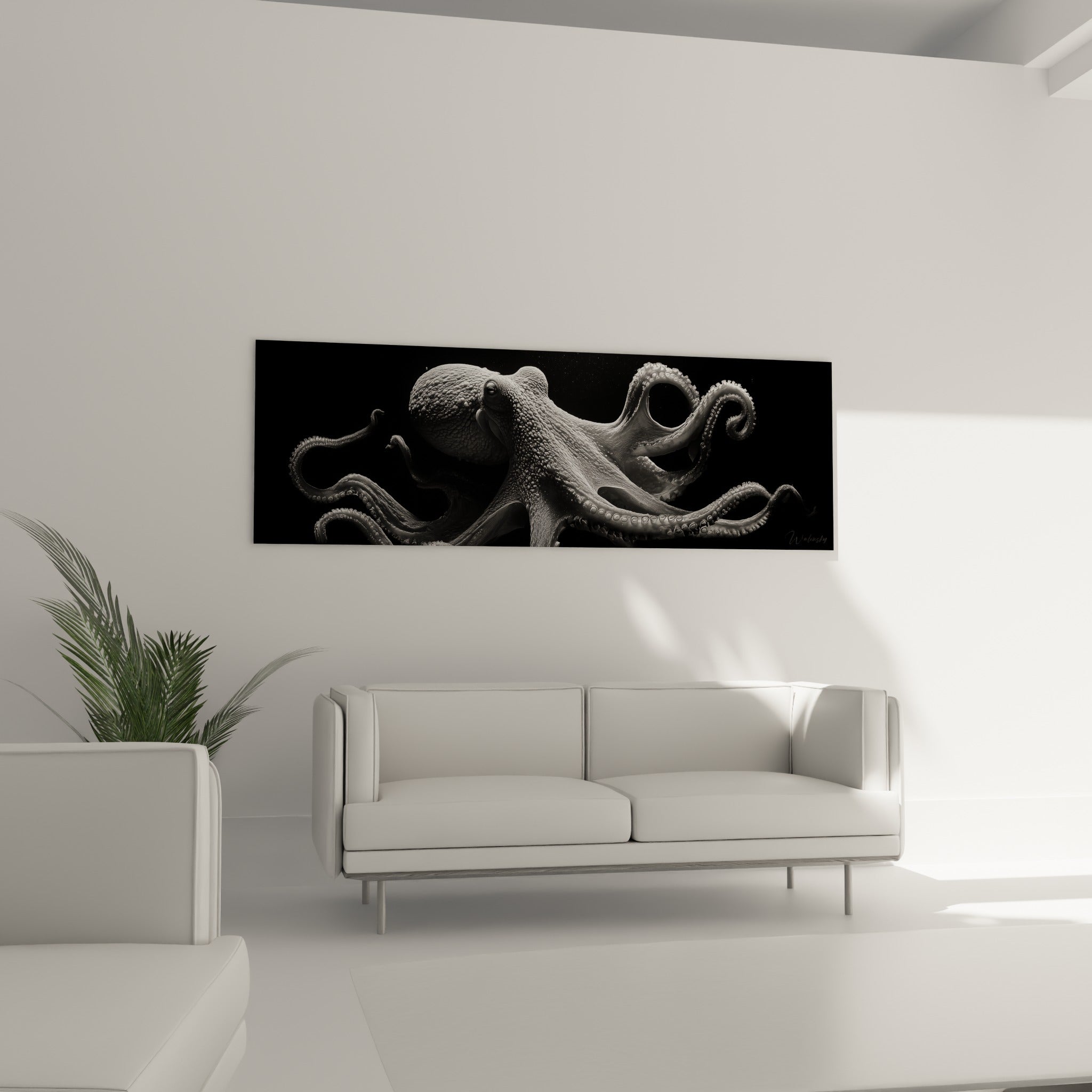Tentacules sombres et ventouses claires d'un poulpe photographié, au-dessus d'un canapé dans un salon lumineux