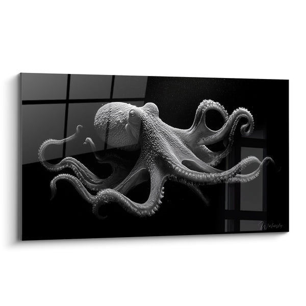 Tableau Poulpe noir et blanc aux tentacules déployées - Créature des abysses - Edition Poulpe