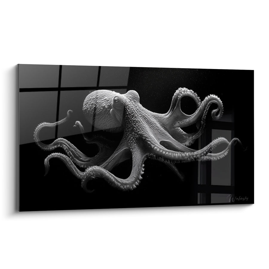 Tableau Poulpe noir et blanc aux tentacules déployées - Créature des abysses - Edition Poulpe