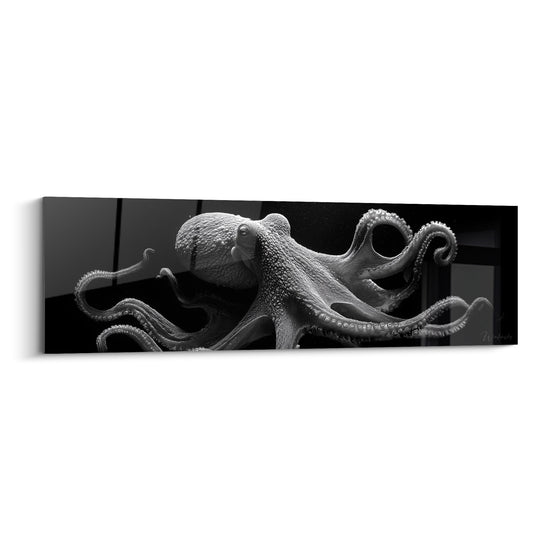 Poulpe noir et blanc aux tentacules enroulés, texture granuleuse et reflets argentés saisissants
