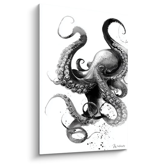 Tableau Poulpe noir et gris aux tentacules enroulées en volutes - Éclaboussures d'encre diluée - Edition Poulpe