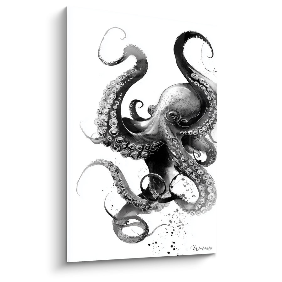 Tableau Poulpe noir et gris aux tentacules enroulées en volutes - Éclaboussures d'encre diluée - Edition Poulpe