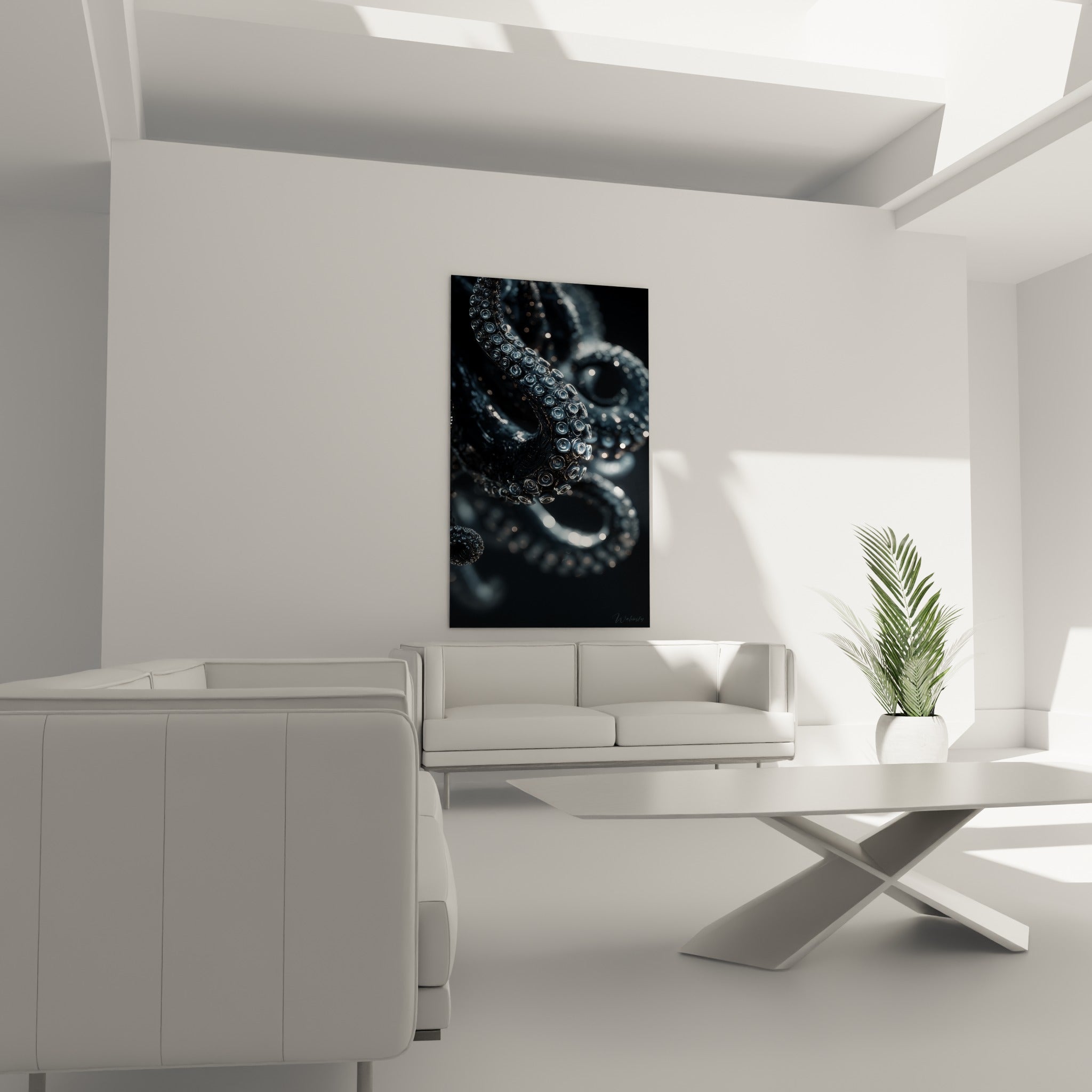 Tentacule sombre d'un poulpe bleu nuit aux reflets lumineux, au-dessus d'un canapé dans un salon lumineux